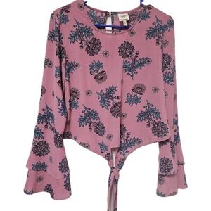 Self Esteem Size Small Pink Crop Top , Tie In Front Bell Sleeves Boho Y2K EUC